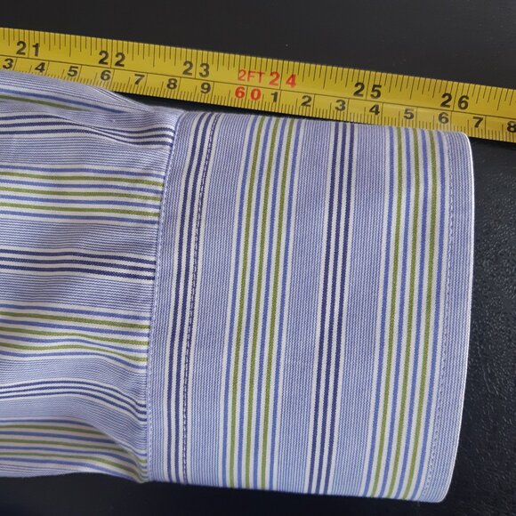ETRO Milano SZ 39 Blue, Green & White Stripe Men's Cotton Button Up Shirt - Picture 11 of 12